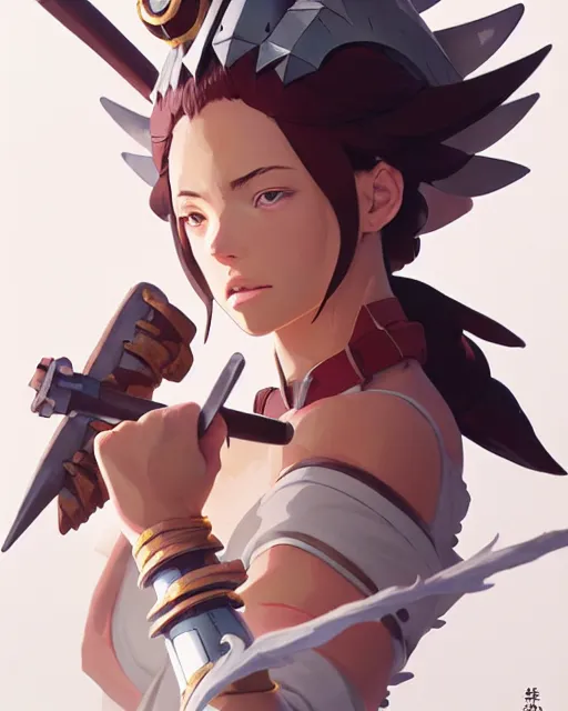 Prompt: corinna kopf as an azctec warrior, detailed perfect face, exquisite details, fire magic, mid view, design on a white background, by studio muti, greg rutkowski makoto shinkai takashi takeuchi studio ghibli