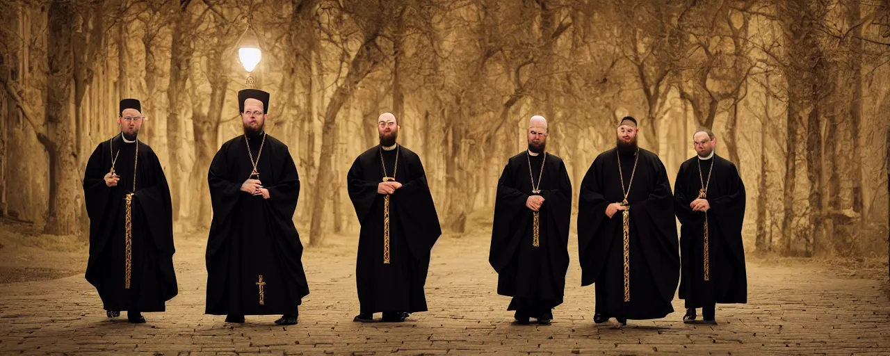 Prompt: three orthodox priests with cute caracal faces, in orthodox church, orthodox icons, volumetric lighting, twilight, atmospheric, ambients, dramatic, noir, blur, bokeh, cinematic, shallow depth of field, 8 0 mm, f 1. 8
