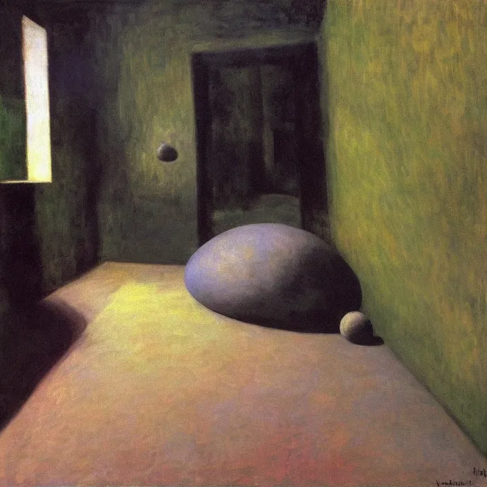 Image similar to the giant boulder, dark obsidian rock of ages filling up the interior of home. high contrast, psichedelic colors. painting by monet, hammershoi, agnes pelton, mark rothko