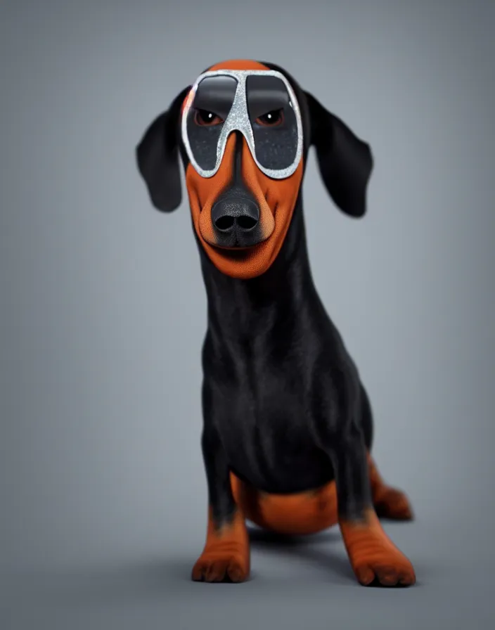 Image similar to photo of all black wiener dog wearing a mask. Matte photo, award winning. Octane render, 4k, 8k, unreal 5, very detailed, hyper control-realism, depth of field.