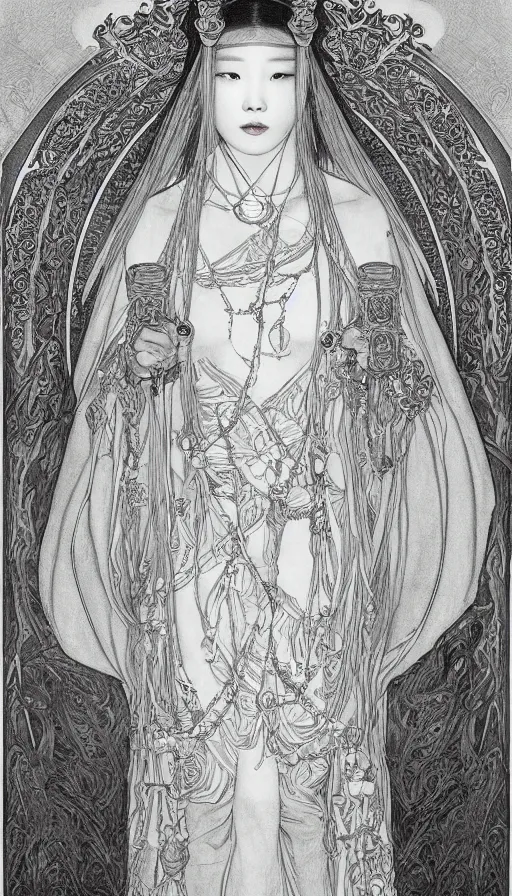 Image similar to yoon young bae as the high priestess, by mucha, black and white graphite drawing, smooth render