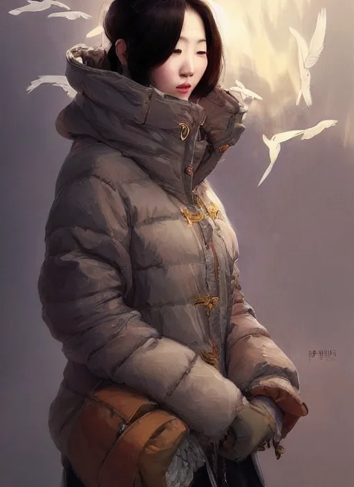 Image similar to a beautiful chinese woman in down jacket ， a goose ， winer ， wenjun lin intricate, elegant, highly detailed, digital painting, artstation, concept art, matte, sharp focus, illustration, hearthstone, art by artgerm and greg rutkowski and alphonse mucha