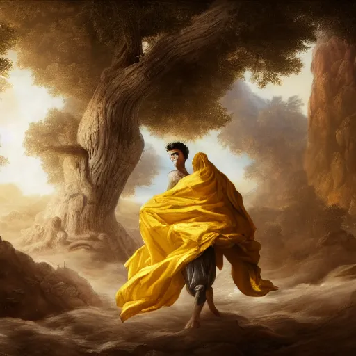 Image similar to A epic and beautiful rococo painting of a young arab boy covered in yellow cloth surrounded by wolves of ashes, standing before a desert of ashes. ultra-detailed. Anime, pixiv, UHD 8K CryEngine, octane render