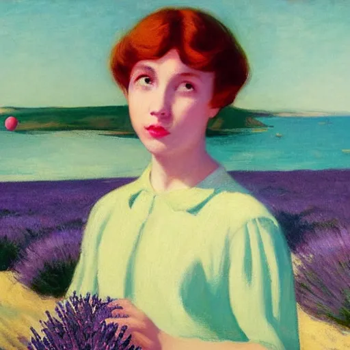 Image similar to a girl with three eyes on 5 translucent luminous spheres, full of floral and berry fillings, in an ocean of lavender color by edward hopper