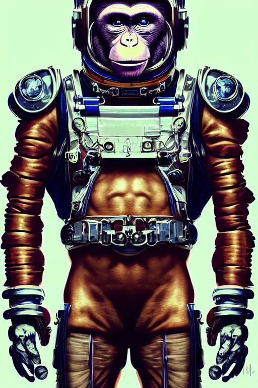 Prompt: a portrait of a muscular anthropomorphic cyberpunk monkey in spacesuit armor with ensignia on chest plate by sandra chevrier, by jon foster, detailed render, post - processing, extremely hyperdetailed, intricate, epic composition, cybernetics, 4 k realistic, cryengine, realistic shaded lighting, sharp focus, masterpiece, by enki bilal