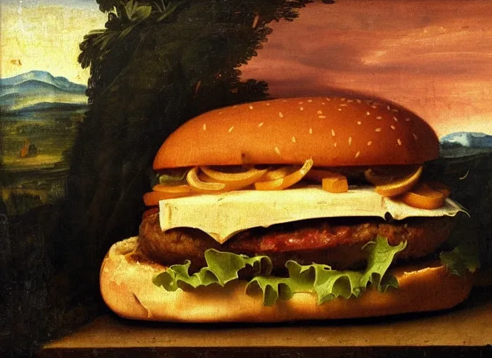 Prompt: a beautiful renaissance painting of a hamburger in style of John Singer Sargant, still life, Velasquez, trending on artstation