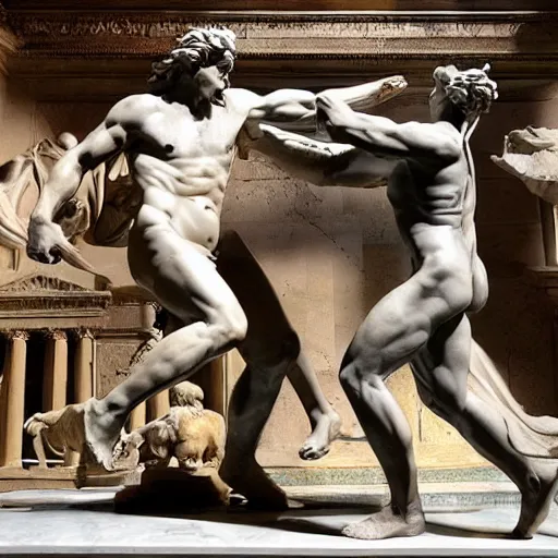 Prompt: the dramatic scene of a epic fight between Zeus and Chronos statue sculpted in polished brownish marble by Bernini