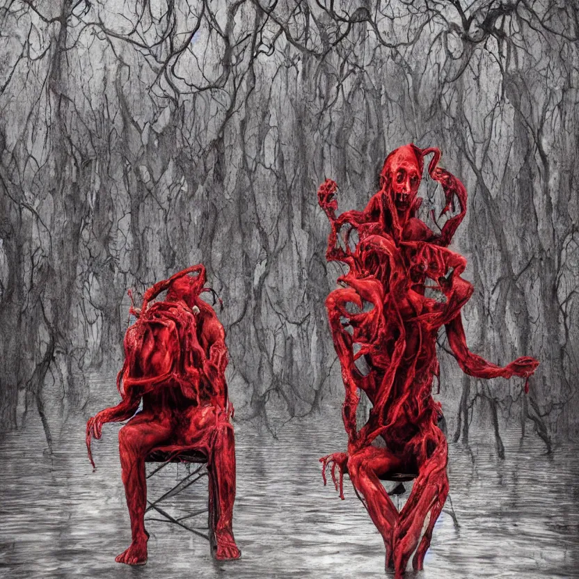 Image similar to a portrait of a man with five heads, twelve arms, sitting on chair made of human limbs, the chair is floating in a lake of blood, around the lake are melting trees, digital art, hyperrealistic nightmare scene, supernatural, highly detailed, creepy, terrifying