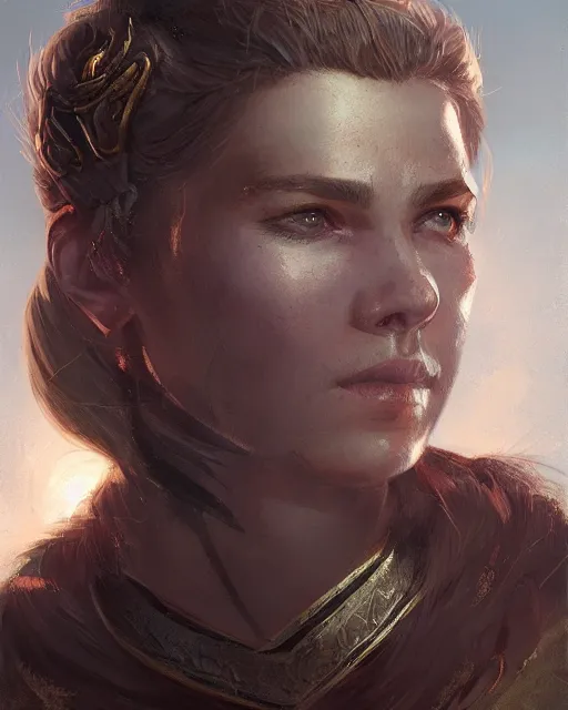 Image similar to the elder scrolls vi, charismatic rugged female nord warrior portrait, illustration, rim light, top light, perfectly shaded, golden hour, epic, intricate, soft painting, art by ross tran, krenz cushart and wenjun lin