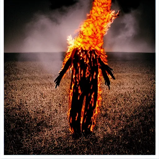 Image similar to “burning glowing scarecrow on fire engulfed in flames in a cornfield at darkest midnight, glowing embers raining down from the sky. Flash photograph.”