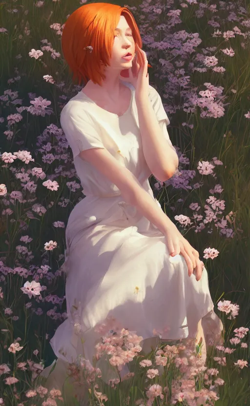 Prompt: southern ginger woman in a cream dress, freckled, sitting among flowers, airbrushed, hazy, gentle, soft lighting, wojtek fus, by makoto shinkai and ilya kuvshinov,