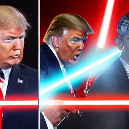 Image similar to photo of putin, trump and obama having a lightsaber fight