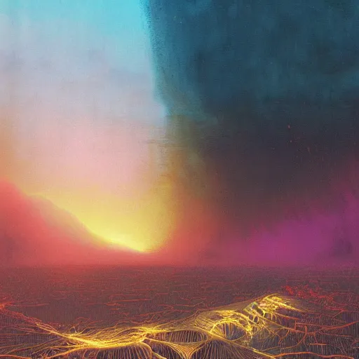 Prompt: the colourful gold blazing neon bioluminescent glowing dying world, by Roberto Aizenberg, Zdzisław Beksiński, Thomas Kinkade, Peter Gric and Dan Mumford, a beautifully detailed painting of the dying world, by Greg Rutkowski; Hyper detailed digital matte painting, concept art, hyperrealism, Cinema 4D, 8k resolution, 64 megapixels, coherent, bokeh, CGSociety, ZBrush Central, behance HD, hypermaximalist, a masterpiece, 4K