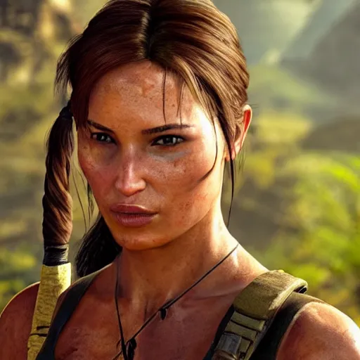 Prompt: lara croft wearing batik! looking content, golden hour, cinematic