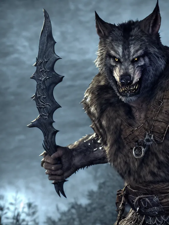 Image similar to cute handsome cuddly burly surly werewolf from van helsing unreal engine hyperreallistic render 8k character concept art masterpiece screenshot from the video game the Elder Scrolls V: Skyrim