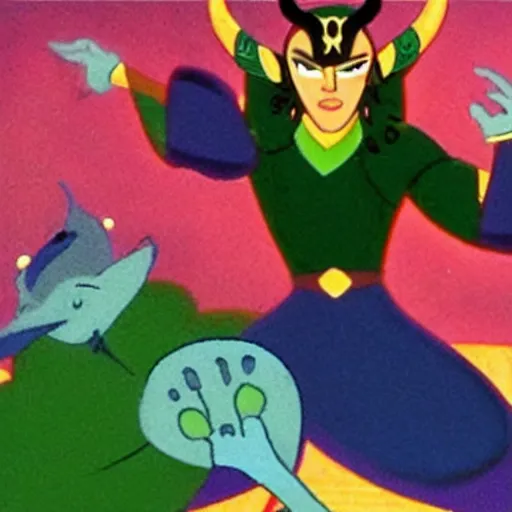 Prompt: Film still, animation frame of the trickster god Loki playing a trick on princess, from the Disney animated film, Valhalla (1996)