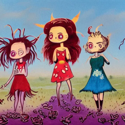 Prompt: The body art depicts a woman standing in a field of ashes, her dress billowing in the wind. Her hair is wild and her eyes are closed, and she seems to be in a trance-like state. The body art is dark and atmospheric, and the ashes in the field seem to be almost alive, swirling around. Powerpuff Girls by Richard Scarry, by Heywood Hardy unified