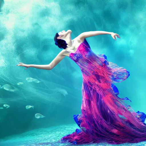 Image similar to woman dancing underwater wearing a flowing dress made of many translucent layers of blue, magenta, and yellow lace seaweed, delicate coral sea bottom, swirling silver fish, swirling smoke shapes, unreal engine, caustics lighting from above, cinematic, hyperdetailed