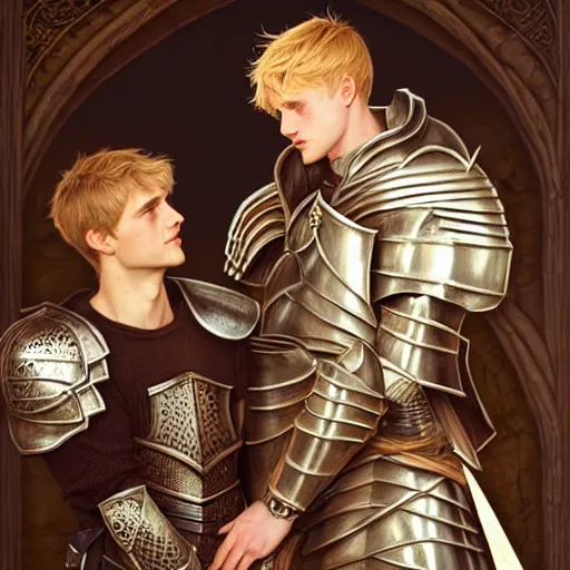 Image similar to attractive arthur pendragon and his favourite attractive male knight, they are in love, camelot, natural lighting, path traced, highly detailed, high quality, digital painting, by gaston bussiere and ross tran and j. c. leyendecker