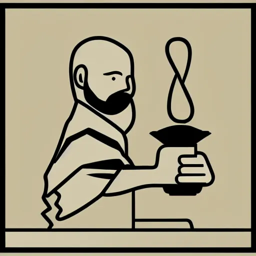 Prompt: bearded man turning bowl on woodlathe, machinery, sawblade border, vector art, simple, clean, monochromatic, woodturning