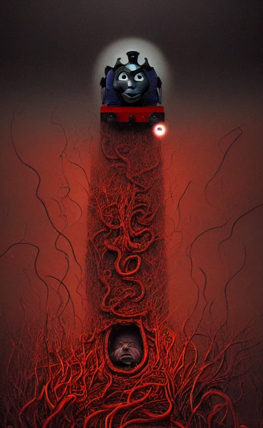 Image similar to thomas the tank engine in style of zdzisław beksinski, extremely dramatic lighting, 8 k, tendrils, black, darkness, black slime tendrils, infected, rust, body horror, thomas the train, thomas the tank engine face, horror,