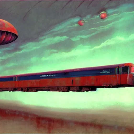 Prompt: a ufo being transported inside of a large train, beksinski, wayne barlowe, very coherent symmetrical artwork, cinematic, hyper realism, high detail, octane render, 8 k