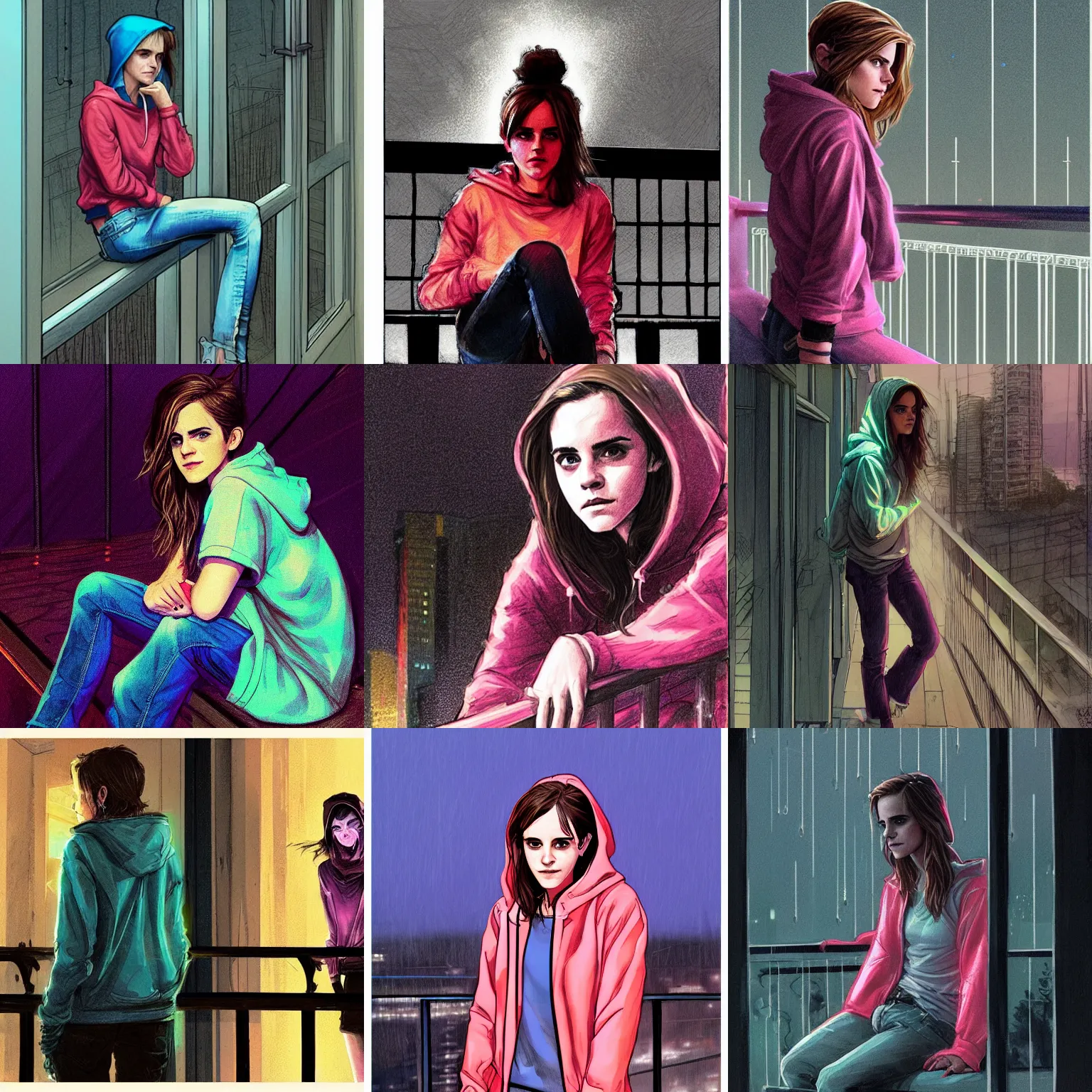 Prompt: emma watson in jeans and hoodie sitting on the balcony at night neon and rainy theme atmosphere by Jerome Opeña trending on artstation