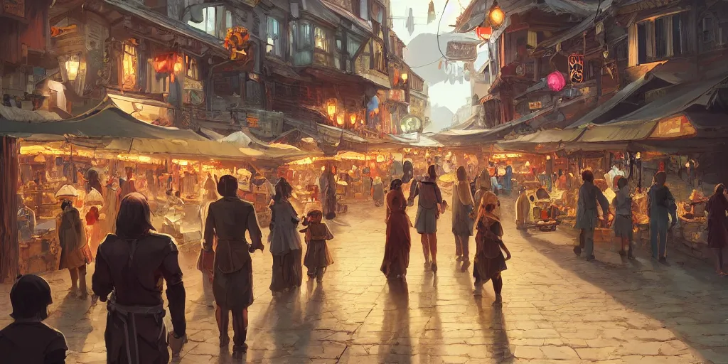 Image similar to a busy fantasy street night market from within a fascinating old city, by Sylvain Sarrailh, by Sebastian Luca, by Nicodemus Yang-Mattisson, cinematic, simple but effective composition, clean lines, beautiful digital painting, oil painting, dungeons and dragons, lord of the rings