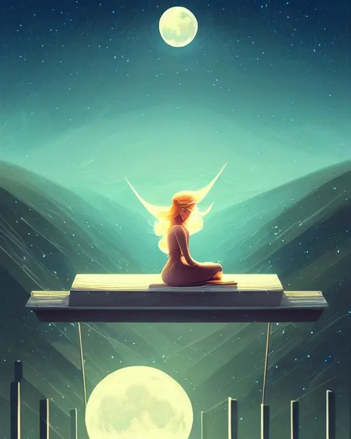 Image similar to beautiful painting of elven sitting on her flying bed and looking at the moon, art by mike winkelmann and by petros afshar, sky night, illustration, highly detailed, simple, smooth and clean vector curves, no jagged lines, vector art, smooth, artstation