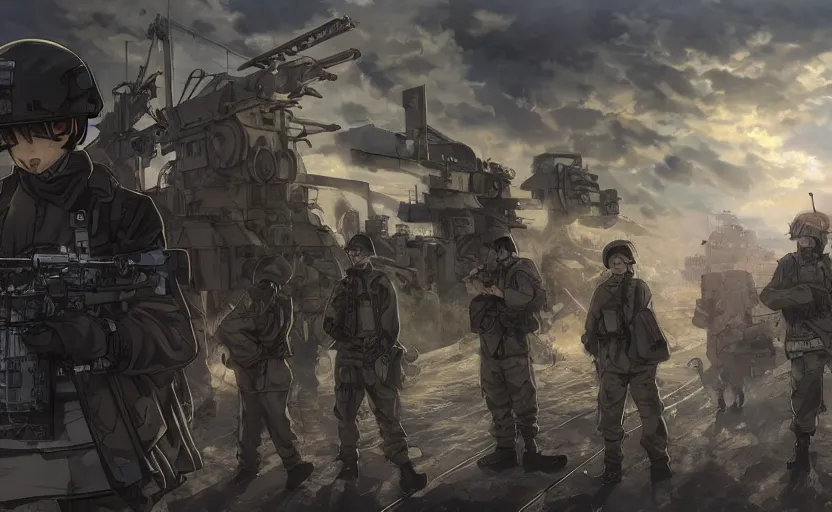 Prompt: anime style, modern warfare, panoramic view, searchlights in background, soldier clothing, hair down, real faces, symmetrical facial features, from arknights, hyper realistic, wallpaper, detailed drawing, trending pixiv, safebooru, volumetric lights, think in 3 d, by alphonse mucha, greg rutkowski, sharp focus, backlit, mechanized transport