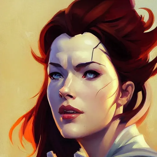 Image similar to Greg Manchess portrait painting of Triss Merigold as Overwatch character, medium shot, asymmetrical, profile picture, Organic Painting, sunny day, Matte Painting, bold shapes, hard edges, street art, trending on artstation, by Huang Guangjian and Gil Elvgren and Sachin Teng