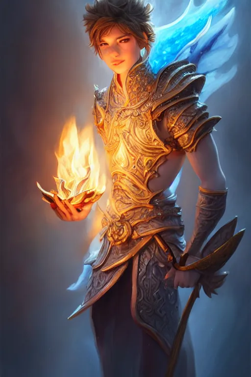 Image similar to legendary fairy prince hold flame staff, blue energy, highly detailed, d & d, fantasy, highly detailed, digital painting, trending on artstation, concept art, sharp focus, illustration, global illumination, ray tracing, realistic shaded, art by artgerm and greg rutkowski and fuji choko and viktoria gavrilenko and hoang lap