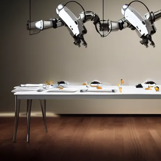 Image similar to three large white glossy kuka industrial robot arms on the floor around a dinner table, the robot arms are wearing bow ties, they are having dinner inside a fine dining restaurant with mid century modern furniture and decor, global illumination, artstation, fantasy