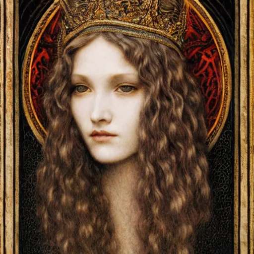 Image similar to detailed realistic beautiful young medieval queen face portrait by jean delville, gustave dore and marco mazzoni, art nouveau, symbolist, visionary, gothic, pre - raphaelite