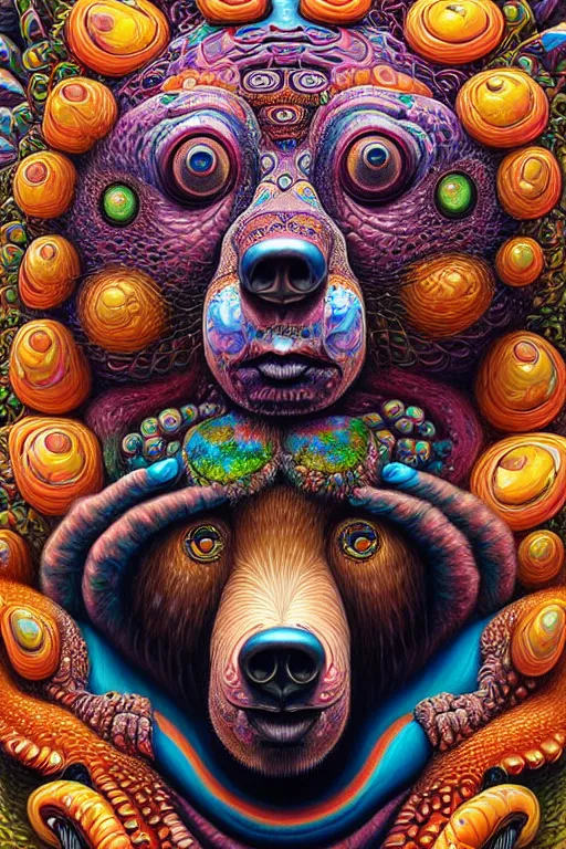 Prompt: hyper - maximalist overdetailed painting of a bear - shaman by hannahy yata caitlin hacket in the style of naoto hattori. artstation. deviantart. cgsociety. surrealism infused lowbrow style. visionary psychedelic fineart. hyperdetailed high resolution render by binx. ly in discodiffusion..