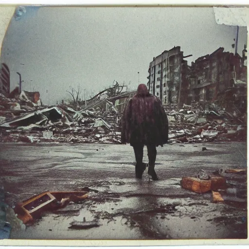 Prompt: old polaroid of a big weird creature walking on a destroyed city, rain, dark sky