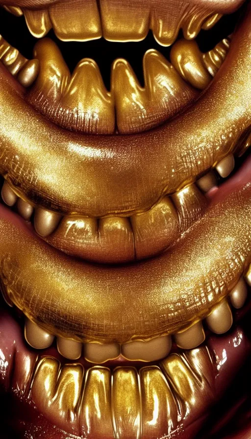 Prompt: a close up of a person's mouth with golden braces, an album cover by dr. atl, pinterest contest winner, hyperrealism, made of liquid metal, hyper realism, fractalism