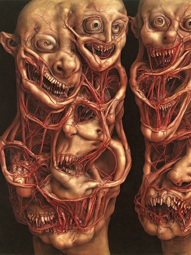 Image similar to siamese twins made of veins, looking into camera, laughing, by giuseppe arcimboldo and ambrosius benson, renaissance, intricate and intense oil paint, a touch of beksinski and hr giger and edward munch, realistic