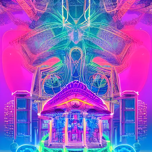 Image similar to mystical psychedelic poster with shaded lighting in the style of andriod jones, radiant light, detailed and complex environment, beautiful, peaceful, utopic astral city in the sky with many buildings and temples reflecting a modern city on the ground with old growth pine trees, overlaid sacred geometry, divine light, with implied lines, gradient of hot pink and neon baby blue