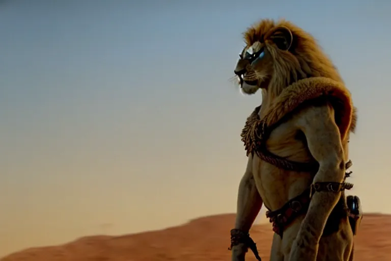 Image similar to simba ( from the lion king ), heavily armed and armored facing down armageddon in a dark and gritty reboot from the makers of mad max : fury road : witness me