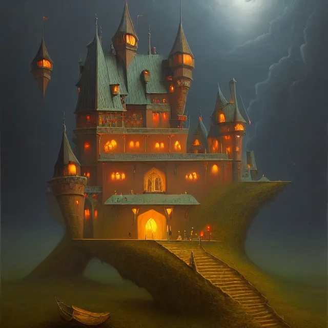 Image similar to a beautiful dark acrylic painting of a dark fantasy castle by Raja Ravi Varma and Gediminas Pranckevicius, trending on ArtStation.