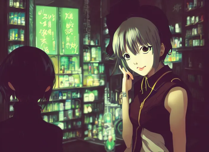 Prompt: lomography, anime, portrait of a young woman in a alchemist's potion shop interior shopping, glowing, psycho pass, ghost in the shell, dynamic pose and perspective, dramatic lighting, detailed facial features, rounded eyes, sharpened image, yoshinari yoh