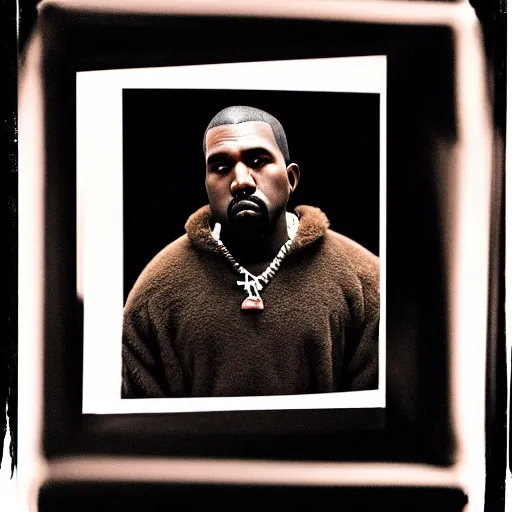 Image similar to a ( ( chiaroscuro lighting portrait ) ) of kanye west dressed as teddy bear mascot, black background, portrait by julia margaret cameron, shallow depth of field, 8 0 mm, f 1. 8