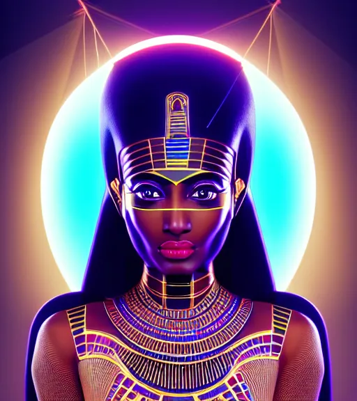 Image similar to symmetry!! egyptian queen of technology, solid cube of light, hard edges, product render retro - futuristic poster scifi, lasers and neon circuits, brown skin beautiful egyptian, queen, intricate, elegant, highly detailed, digital painting, artstation, concept art, smooth, sharp focus, illustration, dreamlike, art by artgerm