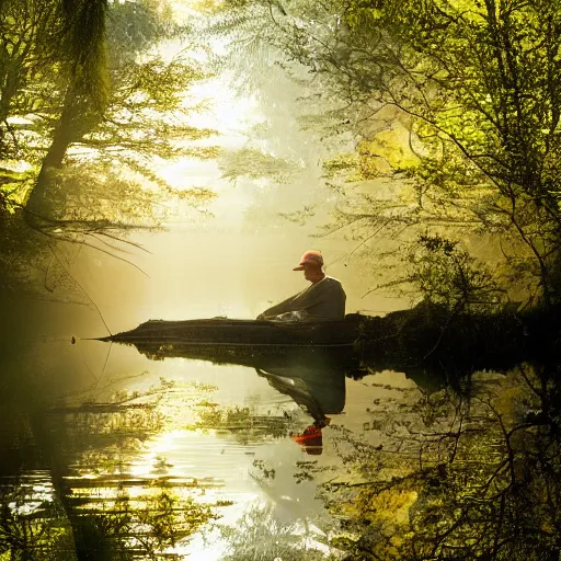 Image similar to otter fisherman, even light, forest river, morning forest