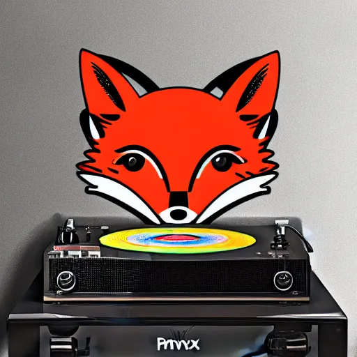 Prompt: svg sticker of a Dancing-Fox, at a rave, spinning records, giant headphones rocking out, wearing headphones, huge speakers, dancing, rave, DJ, spinning records, digital art, amazing composition, rule-of-thirds, award-winning, trending on artstation, featured on deviantart