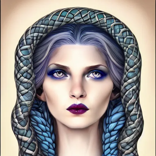 Image similar to character concept portrait of a beautiful woman with pale full face, medusa, snakes for hair, blue / grey eyes, intricate, elegant, digital painting, art nouveau, smooth, focus, rim light