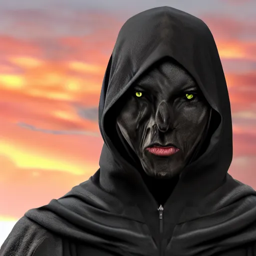 Image similar to a realistic full body of Konnor, a dragonblood, a black hood with black robes, extremely realistic and detailed, standing in front of a mountain