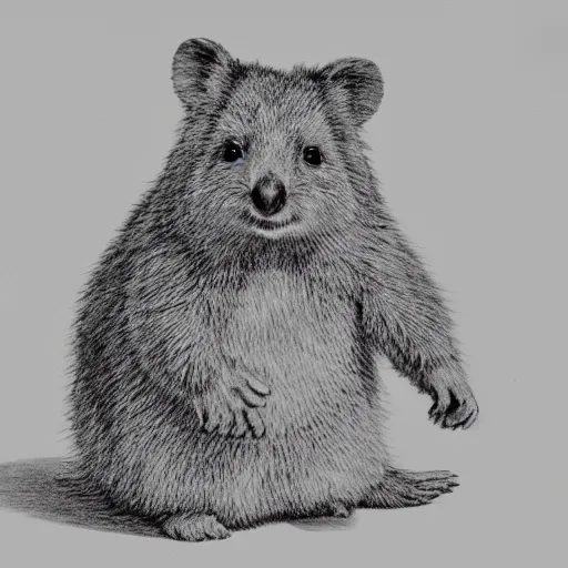 Image similar to single line drawing of a happy quokka, monochrome, mono, one line, line drawing, unbroken, minimalist, no background, white space, white background, black and white