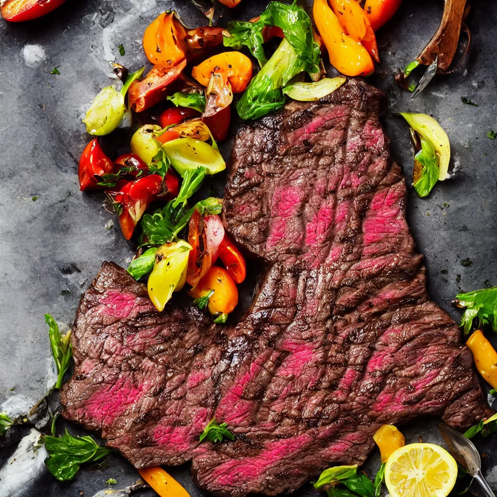 Prompt: a delicious steak, food photography